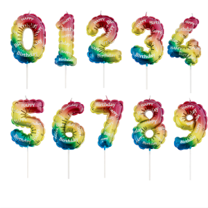 Lumânare Tort Cifră Curcubeu (0-9) – Efect Balon Folie (11 cm) Un set complet de lumânări pentru tort în formă de cifre