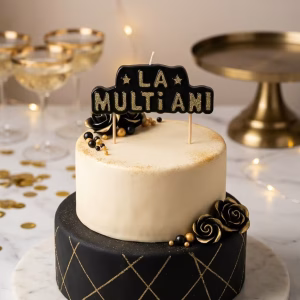 Lumanare La Multi Ani Negru Auriu 9x4 cm Lumanare pentru tort sub forma de placa neagra cu mesajul la multi ani cu sclipici auriu si suport din lemn