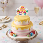 Lumanare La Multi Ani Tort Multicolora 8x6 cm Lumanare decorativa pentru aniversare in forma de tort cu mesajul la multi ani si suport din lemn