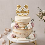 Lumanare Nunta Mr / Mrs Auriu 10x8 cm Lumanare pentru tortul de nunta in forma de inele cu textul mr and mrs asezata pe un tort elegant