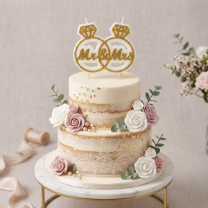 Lumanare Nunta Mr / Mrs Auriu 10x8 cm Lumanare pentru tortul de nunta in forma de inele cu textul mr and mrs asezata pe un tort elegant