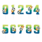 Lumanare Tort Fotbal Cifra 0-9 Inaltime 6 cm Lumanari aniversare in forma de cifre in gradient verde si albastru decorate cu o minge de fotbal in flacari si tija din plastic