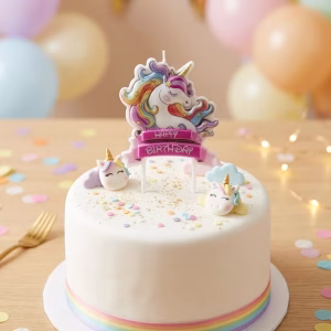 Lumanare Unicorn Happy Birthday 13x7 cm Lumanare decorativa pentru tort cu unicorn si mesajul happy birthday fixata cu tije din plastic