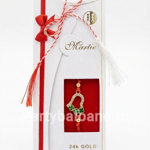 Mărțișor Brățară Inimă și Trifoi Placat Aur 24K - Cadou Premium Bratara martisor premium cu pandantiv inima contur cu cristale si trifoi verde placata cu aur 24K pe snur rosu in cutie alba de lux