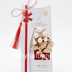 Mărțișor Broșă Buchet Floral cu Perle și Cristale Placată cu Aur 24K – Cadou Premium (5