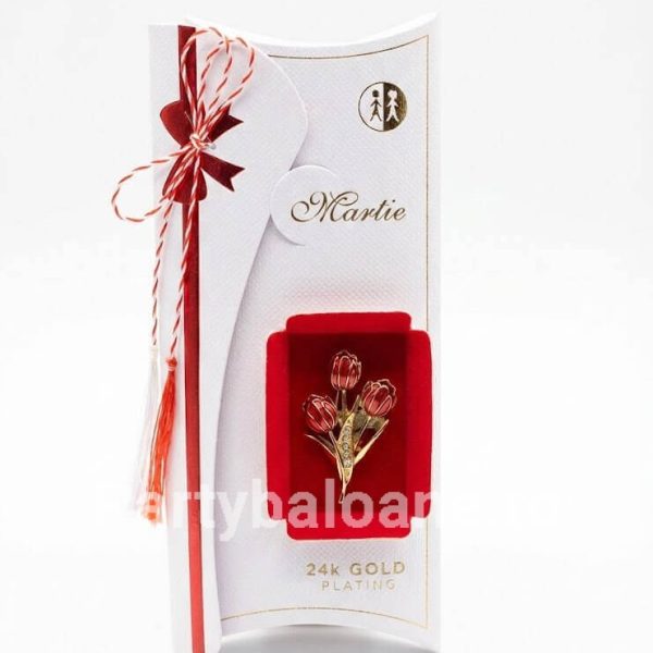 Mărțișor Broșă Buchet de Lalele din Sidef Placată cu Aur