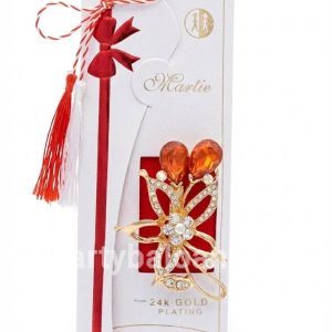 Mărțișor Broșă Floare Cristale Oranj Placat Aur 24K - Cadou Premium Martisor brosa premium floare cu funda placata cu aur 24K si cristale oranj si clare in cutie alba de lux cu funda rosie