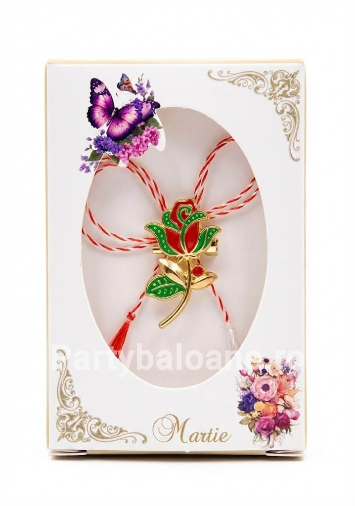 Mărțișor Broșă Floare Metalică 3 cm cu Șnur Tradițional Alb-Roșu și Cutiță Model 5