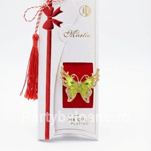 Mărțișor Broșă Fluture cu Cristale Verzi Smarald Placată cu Aur 24K (4