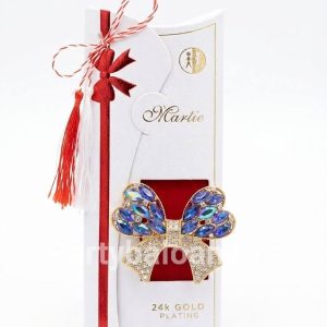 Mărțișor Broșă Fundiță cu Cristale Albastre și Aur 24K – Cadou Premium (5 cm) Martisor brosa fundita aurie cu cristale albastre safir si pietre clare cutie premium