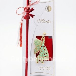 Mărțișor Broșă Îngeraș Placată cu Aur 24K și Cristale Verde(5 cm) în Cutie Cadou Premium Mărțișor broșă în formă de îngeraș cu trâmbiță