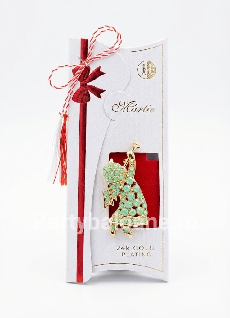 Mărțișor Broșă Îngeraș Placată cu Aur 24K și Cristale Verde(5 cm) în Cutie Cadou Premium Mărțișor broșă în formă de îngeraș cu trâmbiță