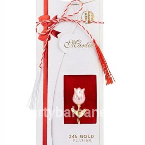 Mărțișor Broșă Lalea Roz Sidefată Placată cu Aur 24K – Cadou Premium (3 cm) Martisor brosa lalea roz sidefata cu frunze aurii placata cu aur 24k in cutie premium