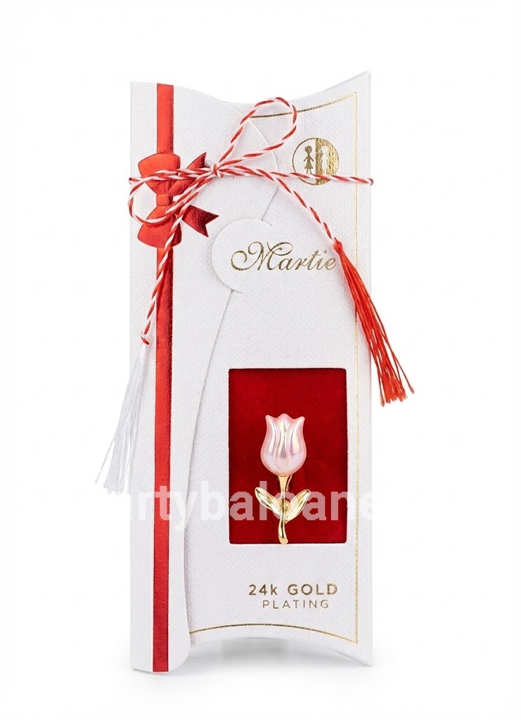 Mărțișor Broșă Lalea Roz Sidefată Placată cu Aur 24K – Cadou Premium (3 cm) Martisor brosa lalea roz sidefata cu frunze aurii placata cu aur 24k in cutie premium