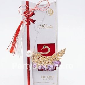 Mărțișor Broșă Lebădă Placată cu Aur 24K – Cristale Mov și Perlă (5