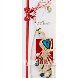 Mărțișor Broșă Păun Placată Aur 24K Cristale (8cm) - Cadou Premium Martisor premium brosa forma de paun placata cu aur 24K cu cristal mare albastru si pietre multicolore pe coada in cutie cadou alba