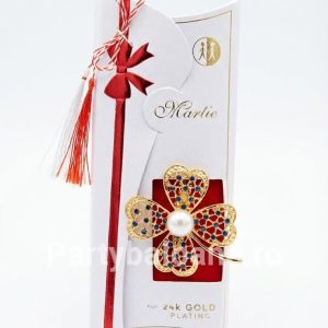 Mărțișor Broșă Trifoi Placată cu Aur 24K – Cristale Albastre și Perlă (5 cm)