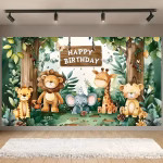 Background Textil Premium Animale Safari Padure 160x100 cm COD 653B Panou foto textil mat pentru decor aniversare, imprimeu cu animale safari in padure si mesaj festiv, dimensiune 160x100 cm.