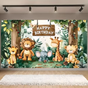 Panou Foto Textil Premium Animale Safari Padure 160x100 cm COD 653B Panou foto textil mat pentru decor aniversare, imprimeu cu animale safari in padure si mesaj festiv, dimensiune 160x100 cm.