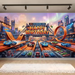 Panou Foto Textil Premium Tematica Hot Wheels Masini de Curse 160x100 cm (COD 666B) Panou decorativ pentru fundal foto (backdrop) din material textil premium, tematica Hot Wheels, design vibrant cu masini de curse, piste portocalii, oras si mesaj Happy Birthday, dimensiune 160x100 cm.