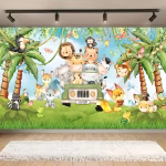 Panoul Foto Textil Animale Safari Jungla Premium (160x100 cm) COD 657B Panou foto textil mat pentru decor aniversare, imprimeu cu peisaj tropical, masinuta safari si o multitudine de animale salbatice, dimensiune 160x100 cm.