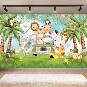 Panoul Foto Textil Animale Safari Jungla Premium (160x100 cm) COD 657B Panou foto textil mat pentru decor aniversare, imprimeu cu peisaj tropical, masinuta safari si o multitudine de animale salbatice, dimensiune 160x100 cm.