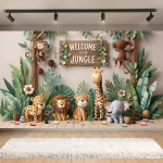 Panoul Foto Textil Animale Safari Jungla Premium (160x100 cm) COD 659B Panou foto textil mat pentru decor evenimente, imprimeu cu efect vizual 3D cu animale salbatice, frunze tropicale si mesaj de bun venit in jungla, dimensiune 160x100 cm.