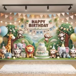 Panoul Foto Textil Animale Safari Jungla Premium (160x100 cm) COD 661B Panou foto textil mat pentru decor aniversare, imprimeu cu efect 3D ilustrand animale salbatice, tort festiv si ghirlande luminoase, dimensiune 160x100 cm.
