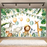 Panoul Foto Textil Animale Safari Jungla Premium (160x100 cm) COD 662B Panou foto textil mat pentru decor aniversare, imprimeu rafinat in stil acuarela cu animale salbatice, frunze tropicale si baloane, dimensiune 160x100 cm.
