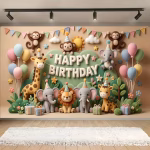 Panoul Foto Textil Animale Safari Jungla Premium (160x100 cm) COD 664B Panou foto textil mat pentru decor aniversare, imprimeu cu efect 3D de figurine din pasla ilustrand animale safari, baloane pastelate si mesaj Happy Birthday, dimensiune 160x100 cm.