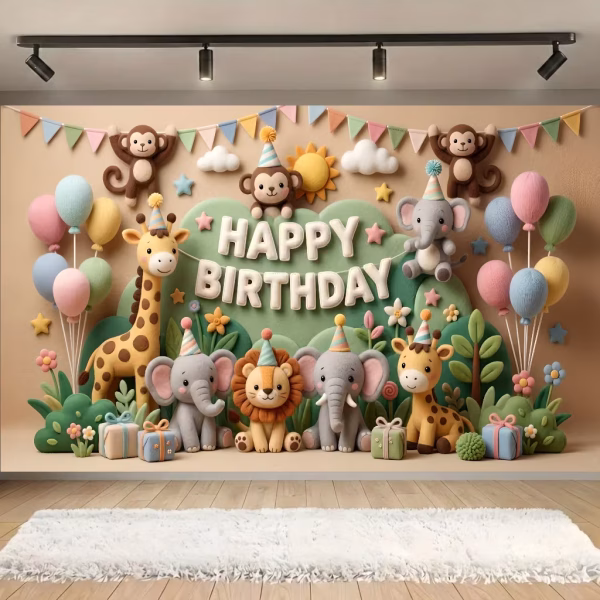 Background Textil Animale Safari Jungla Premium (160x100 cm) COD 664B Panou foto textil mat pentru decor aniversare, imprimeu cu efect 3D de figurine din pasla ilustrand animale safari, baloane pastelate si mesaj Happy Birthday, dimensiune 160x100 cm.