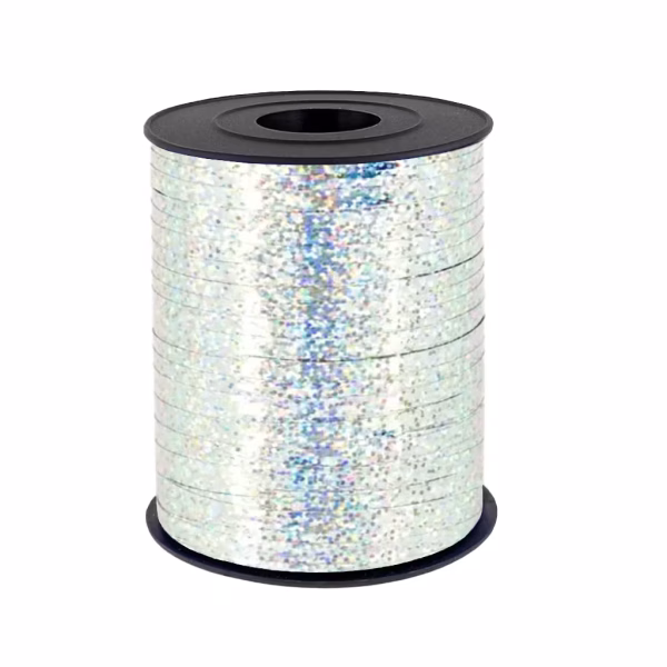 Rola Panglica Rafie pentru Baloane Argintiu cu Sclipici Holografic Rola de panglica tip rafie din plastic pentru legat baloane, culoare argintiu cu sclipici holografic, lungime 225 metri, latime 5 mm.