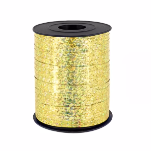 Rola Panglica Rafie pentru Baloane Auriu cu Sclipici Holografic Rola de panglica tip rafie din plastic pentru legat baloane, culoare auriu cu sclipici holografic, lungime 225 metri, latime 5 mm.