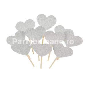 SET 10 TOPPERE CU INIMIOARE - ARGINTII GLITTER