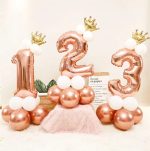 SET 14 BALOANE CU CIFRA ROZ GOLD 70 CM SI CORONITA AURIE - imagine 2