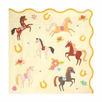 Servetele de Masa Tematica Cai si Echitatie cu Margini Ondulate 33x33 cm Servetele de masa din hartie pentru petreceri copii, tematica cai si echitatie, design cu caluti in galop, potcoave aurii si flori pe fundal crem, prevazute cu margini ondulate, 33x33 cm.