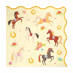 Servetele de Masa Tematica Cai si Echitatie cu Margini Ondulate 33x33 cm Servetele de masa din hartie pentru petreceri copii, tematica cai si echitatie, design cu caluti in galop, potcoave aurii si flori pe fundal crem, prevazute cu margini ondulate, 33x33 cm.