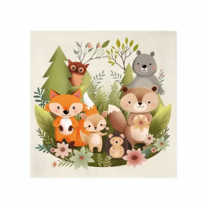 Servetele de Masa Tematica Prietenii Padurii Servetele de masa din hartie pentru petreceri copii, tematica prietenii padurii woodland, design in stil acuarela cu urs, vulpe, veverita, arici si bufnita, dimensiune 33x33 cm.