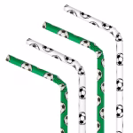 Set 10 Paie din Hartie Flexibile pentru Bauturi Tematica Fotbal 19.5 cm Set de 10 paie din hartie pentru bauturi cu tematica fotbal, prevazute cu zona flexibila pentru indoire, 5 verzi si 5 albe, imprimate cu mingi de fotbal alb-negru.