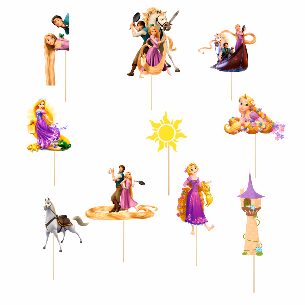 Set 10 Toppere Rapunzel pentru Decor Tort Premium set 10 toppere rapunzel decoratiuni tort printesa premium