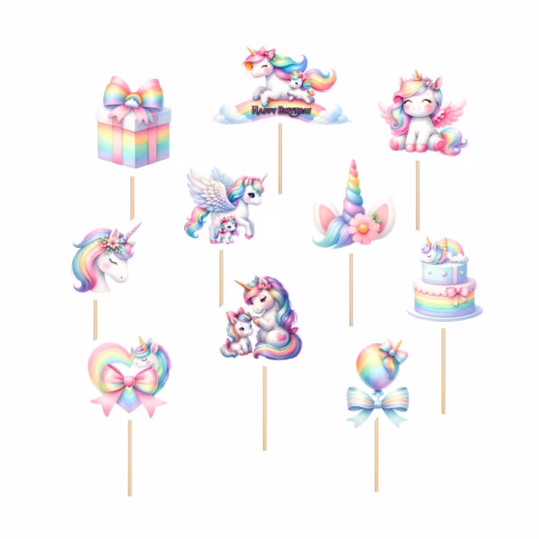 Set 10 Toppere Unicorni pentru Decor Tort Premium set 10 toppere unicorni decoratiuni tort fete magie