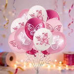 set 10 baloane latex fluturi 26 cm Buchet elegant si delicat format din set 10 baloane latex fluturi 26 cm in nuante de roz si alb pentru petrecere tematica fetite