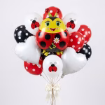 Set 12 Baloane Folie si Latex Tematica Buburuza (Gargarita) Buchet din 12 baloane premium tematica buburuza gargarita cu figurina folie 60 cm inimi albe si baloane latex asortate cu buline.