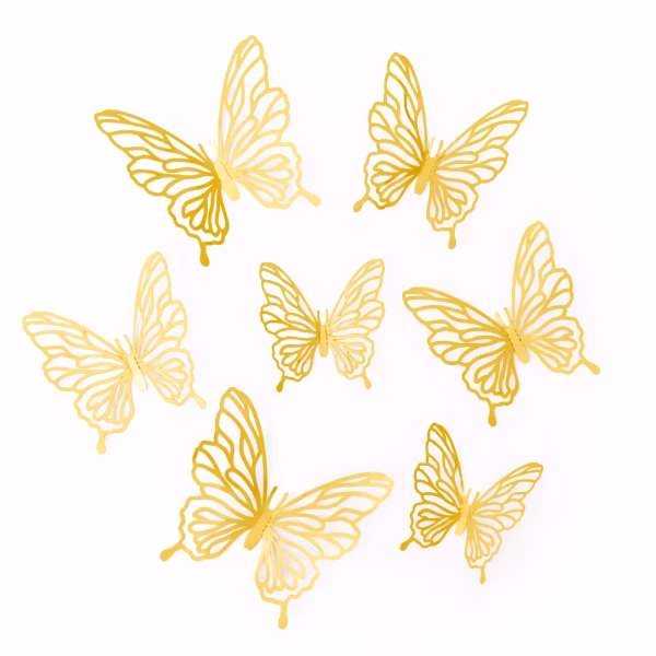 Set 12 Fluturi Decorativi 3D Auriu – Carton Plastifiat (Model 18) Set 12 fluturi decorativi 3D de culoare aurie, model ajurat tip dantela, din carton plastifiat, perfecti pentru aranjamente cu baloane si torturi de lux.