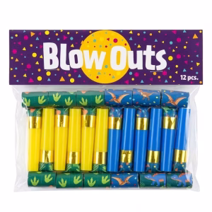 Set 12 Suflători Petrecere Dinozauri – Albastru și Galben (8 cm) Set de 12 suflatori pentru petreceri de copii