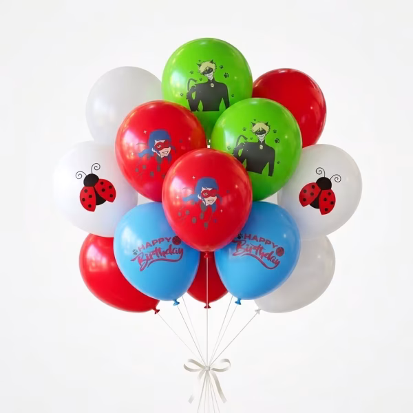 Set 12 baloane latex Miraculous Buburuza si Motan Noir 30 cm Buchet festiv format din set 12 baloane latex Miraculous 30 cm pentru petrecere tematica Buburuza si Motan Noir
