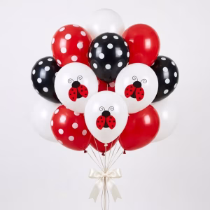 Set 12 baloane latex buburuza 30 cm Buchet festiv format din set 12 baloane latex buburuza 30 cm in culorile rosu negru si alb pentru petrecere tematica fetite