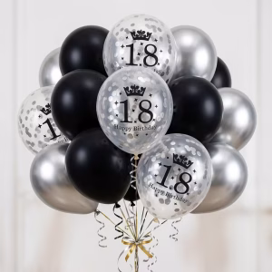Set 15 baloane latex aniversare 18 ani negru, argintiu cromat si confetti 30 cm Buchet elegant format din set 15 baloane latex aniversare 18 ani negru argintiu cromat si confetti pentru petrecere de majorat