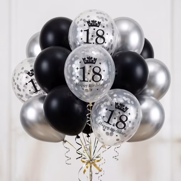Set 15 baloane latex aniversare 18 ani negru, argintiu cromat si confetti 30 cm Buchet elegant format din set 15 baloane latex aniversare 18 ani negru argintiu cromat si confetti pentru petrecere de majorat