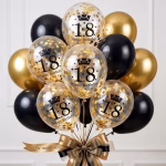 Set 15 baloane latex aniversare 18 ani negru, auriu cromat si confetti 30 cm Buchet elegant format din set 15 baloane latex aniversare 18 ani negru auriu cromat si confetti pentru petrecere de majorat